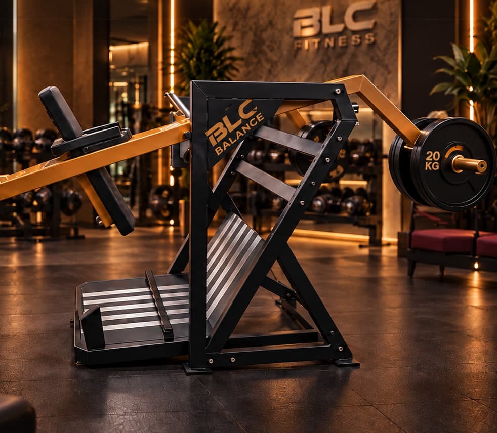 BLC plate-loaded machine in black and bronze, in a warmly lit gym